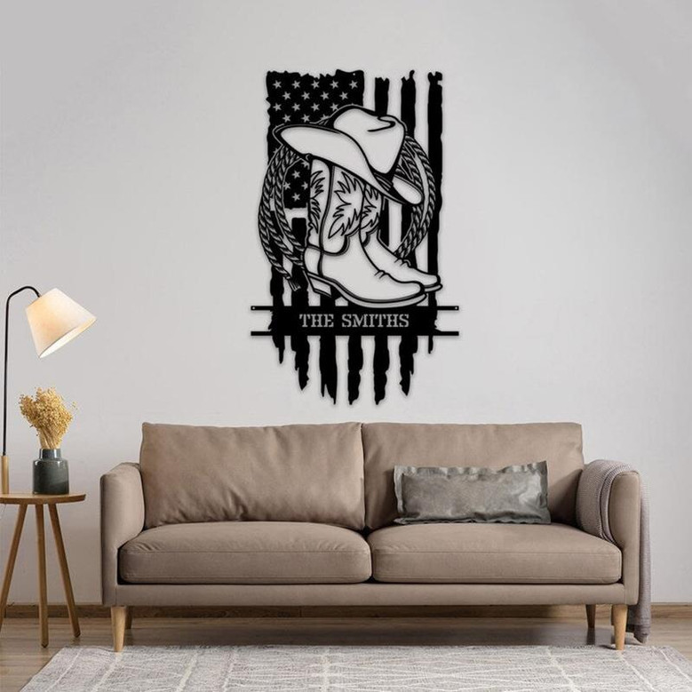 Personalized US Flag Cowboy Boots & Hat Metal Sign, Custom Cowboy Cowgirl Wall Art For Farmhouse, Farm Decor, Cowboy Gift
