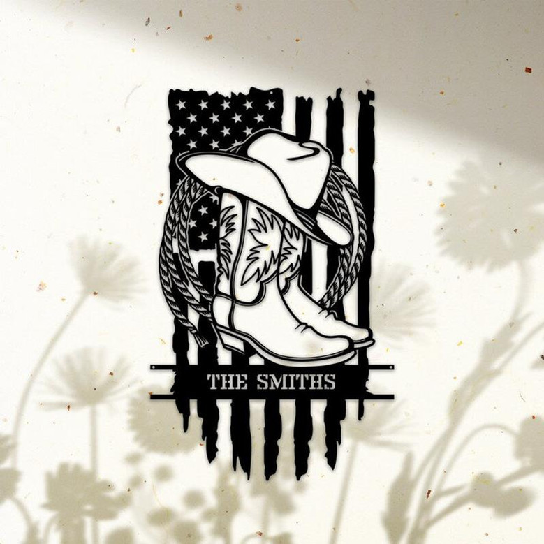 Personalized US Flag Cowboy Boots & Hat Metal Sign, Custom Cowboy Cowgirl Wall Art For Farmhouse, Farm Decor, Cowboy Gift