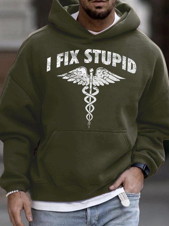 Men's Funny Word I Fix Stupid Casual Text Letters Loose Crew Neck Hooded Sweatshirt Men's Hoodie