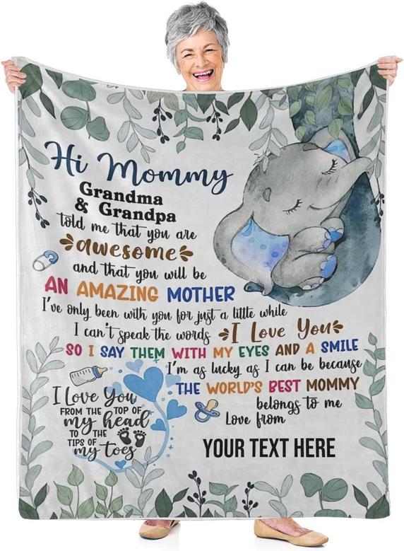 Hi Mommy Cute Elephant Blanket Gift for Mother's Birthday/Christmas, Gift For First Mom