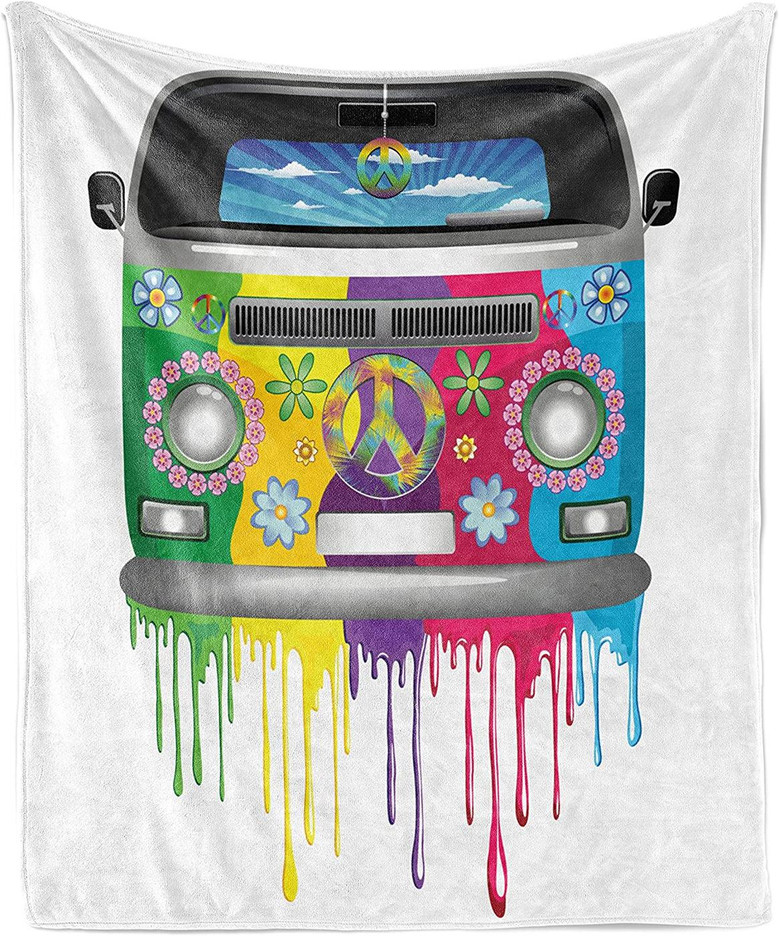 Hippie Van Dripping Rainbow Paint Old Days Pop Culture Vacation Transport Flannel Fleece Throw Blanket