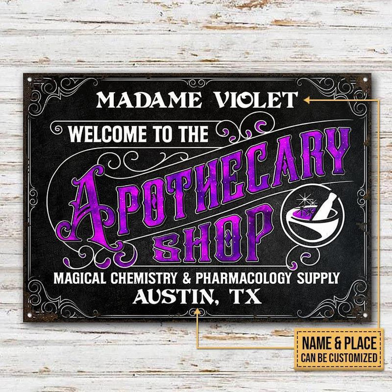 Metal Sign- Apothecary Magical Chemistry Black Rectangle Metal Sign Custom Name Place