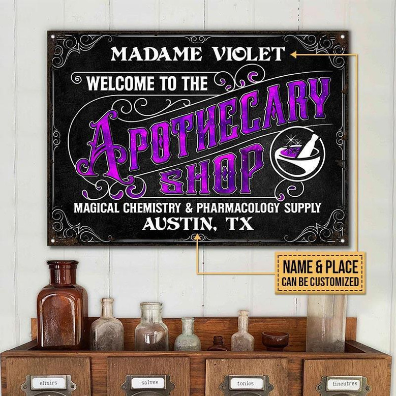 Metal Sign- Apothecary Magical Chemistry Black Rectangle Metal Sign Custom Name Place