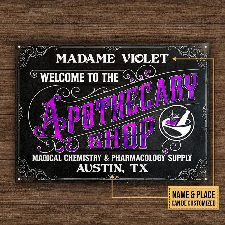 Metal Sign- Apothecary Magical Chemistry Black Rectangle Metal Sign Custom Name Place