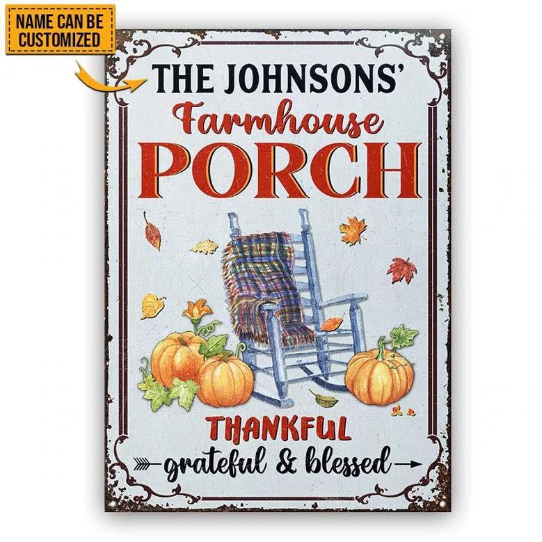 Metal Sign- Autumn Farmhouse Porch Thankful Grateful And Blessed White Rectangle Metal Sign Custom Name