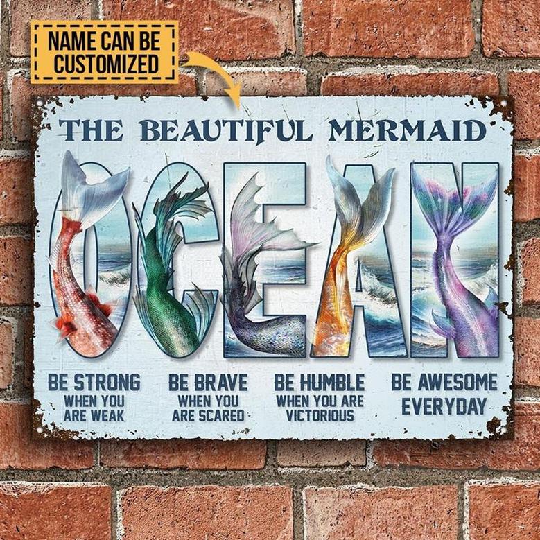 Metal Sign- Beautiful Design Mermaid Ocean Text Be Awesome Custom Name Rectangle Metal Sign