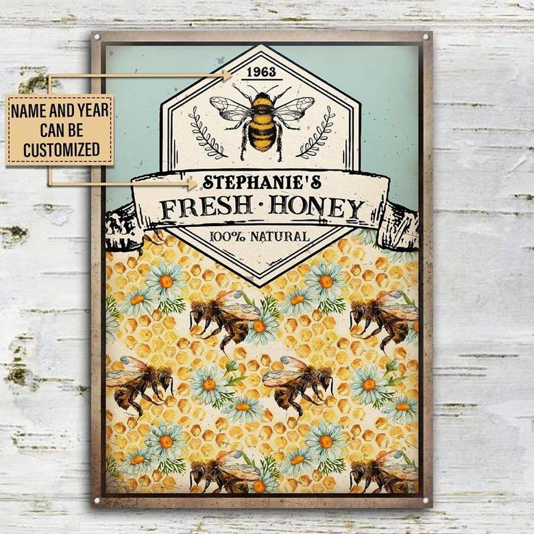 Metal Sign- Beautiful Honey Bee Fresh Honey Rectangle Metal Sign Custom Name Year