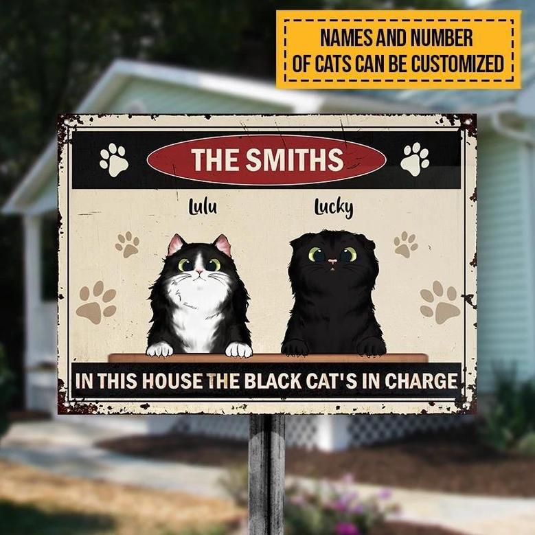 Metal Sign- The Black Cat's In Charge Cute Cat Rectangle Metal Sign Custom Name Number