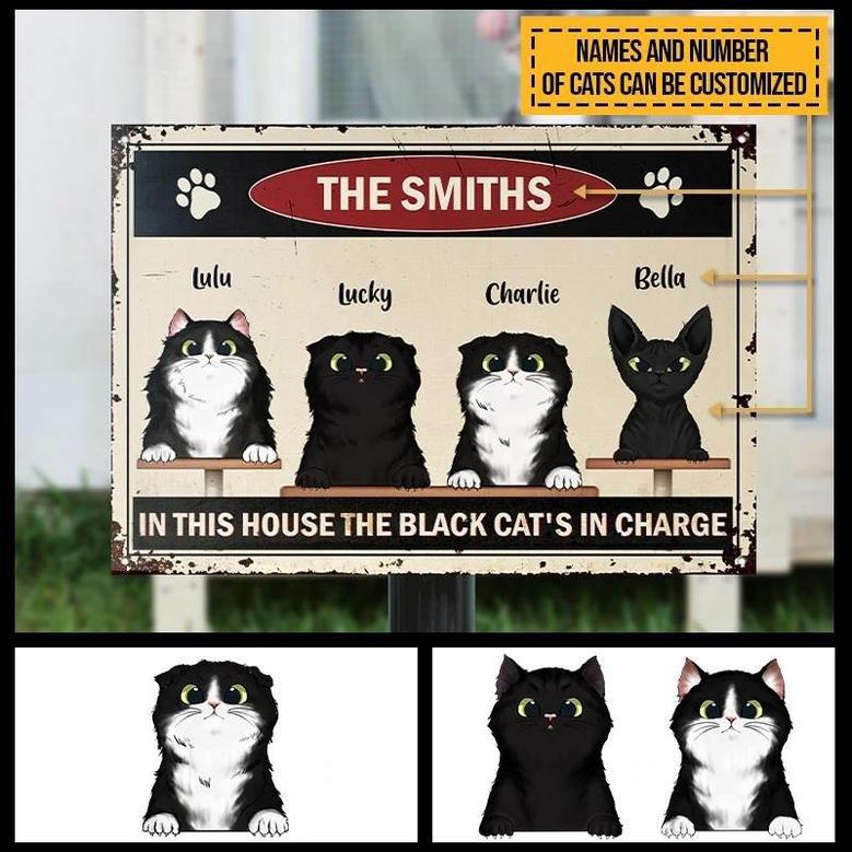Metal Sign- The Black Cat's In Charge Cute Cat Rectangle Metal Sign Custom Name Number