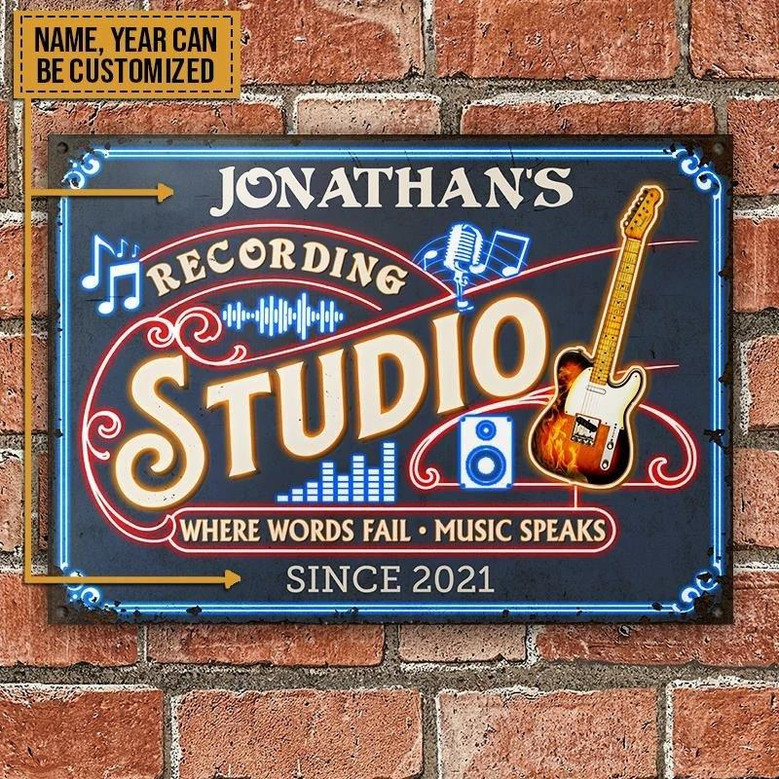Metal Sign- Black And Orange Electric Fender Telecaster Recording Studio Rectangle Metal Sign Custom Name