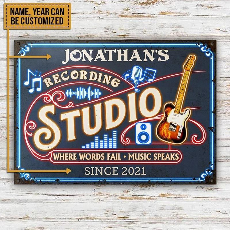 Metal Sign- Black And Orange Electric Fender Telecaster Recording Studio Rectangle Metal Sign Custom Name