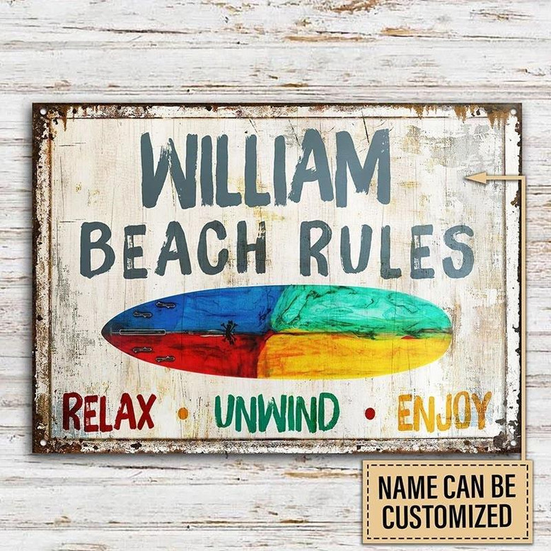 Metal Sign- Colorful Surfing Beach Rules Relax Unwind Enjoy Custom Name Rectangle Metal Sign