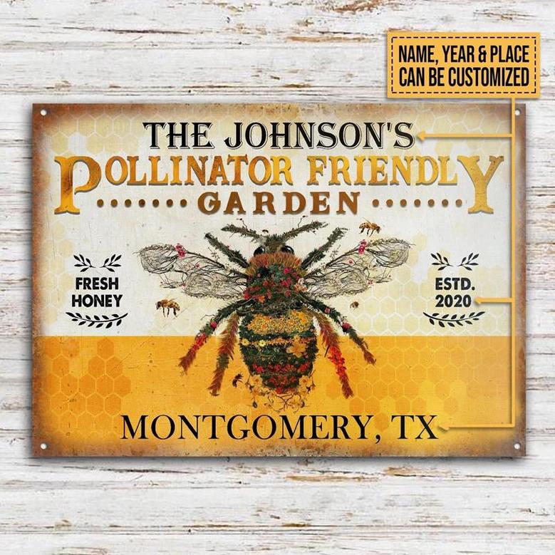 Metal Sign- Cute Bee Pollinator Friendly Fresh Rectangle Metal Sign Custom Name Year Place