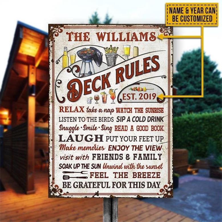 Metal Sign- Deck Rules Take A Nap White Rectangle Metal Sign Custom Name Year