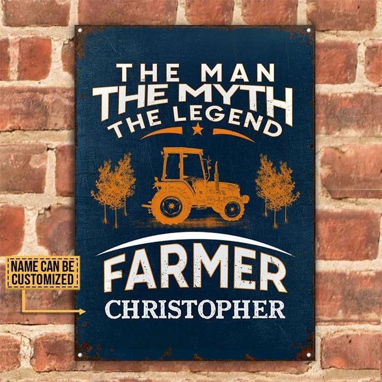 Metal Sign- Farmer Tractor The Man The Myth Blue Rectangle Metal Sign Custom Name