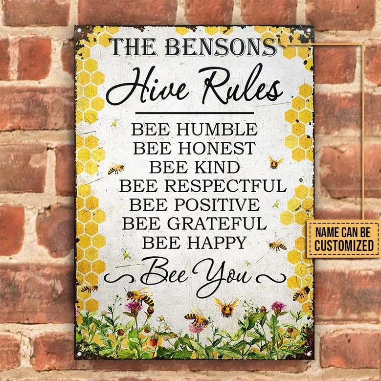 Metal Sign- Fascinating Honey Bee Hive Rules White Rectangle Metal Sign Custom Name