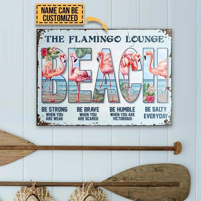 Metal Sign- Flamingo Beach Be Salty Rectangle Metal Sign Custom Name