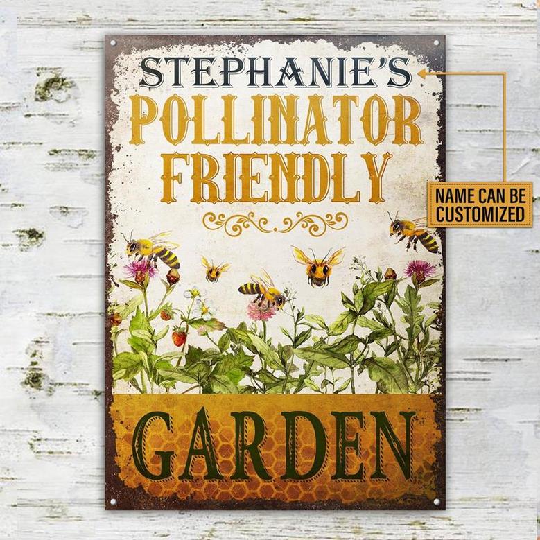 Metal Sign- Flower Garden Bee Pollinator Friendly Rectangle Metal Sign Custom Name