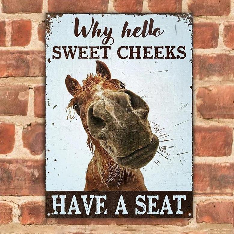 Metal Sign- Hilarious Horse Why Hello Sweet Cheeks Blue Rectangle Metal Sign