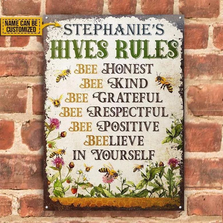 Metal Sign- Honey Bee Hives Rules Honest Lovely Rectangle Metal Sign Custom Name