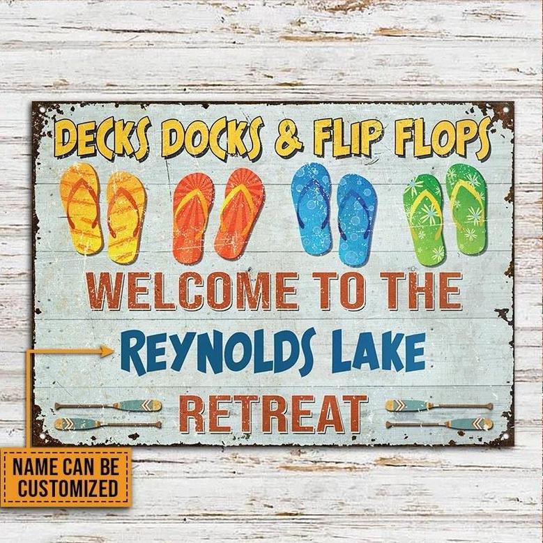 Metal Sign- Lake House Deck Dock And Flip Flop Colorful Pattern Rectangle Metal Sign Custom Name