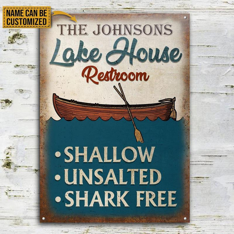 Metal Sign- Lake House Restroom Shallow Unsalted Shark Free Rectangle Metal Sign Custom Name