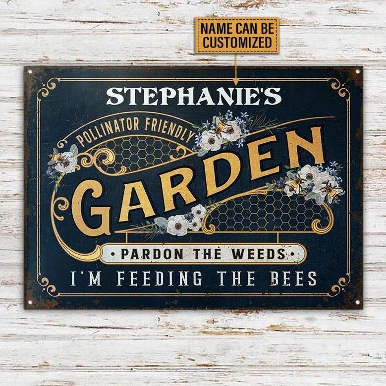 Metal Sign- Lovely Bee Garden Pollinator Friendly Navy Custom Name Rectangle Metal Sign