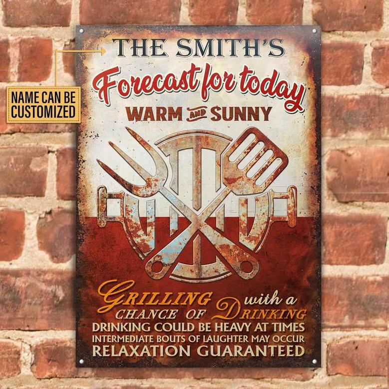 Metal Sign- Red Theme Grilling BBQ Forecast Rectangle Metal Sign Custom Name