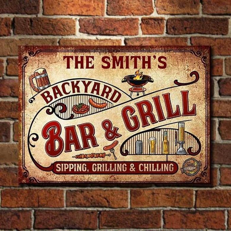 Metal Sign- Sipping Grilling And Chilling Backyard Cool Design Rectangle Metal Sign Custom Name