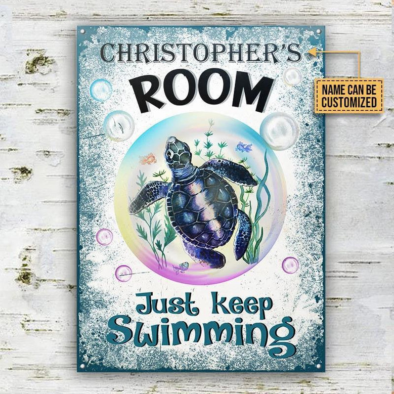 Metal Sign- Turtle Just Keep Swimming Blue Rectangle Metal Sign Custom Name