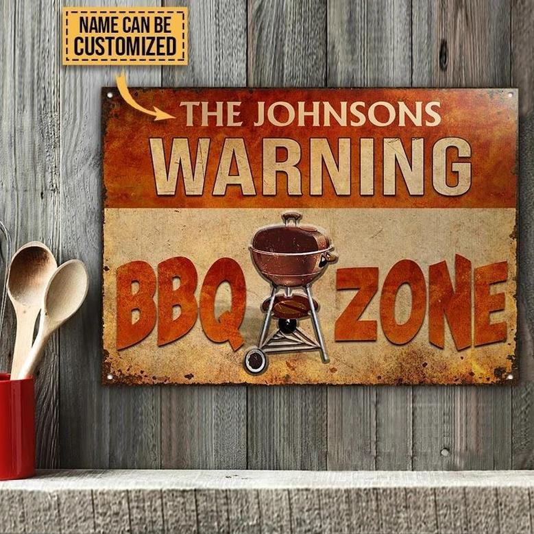 Metal Sign- Warm Color Grilling Warning BBQ Zone Custom Name Rectangle Metal Sign