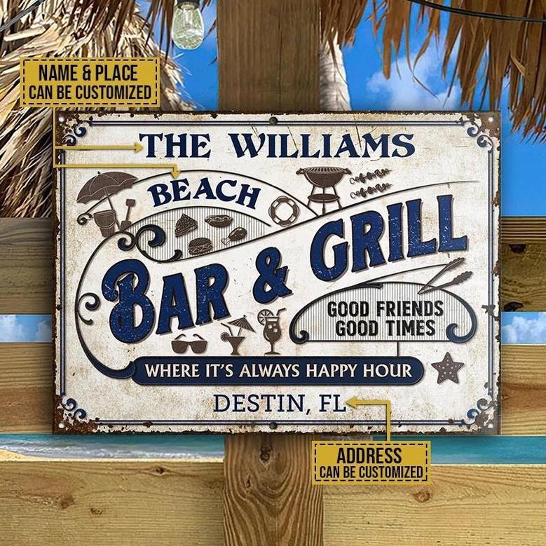 Metal Sign- White Theme Grilling Beach Happy Hour Rectangle Metal Sign Custom Name Place Address