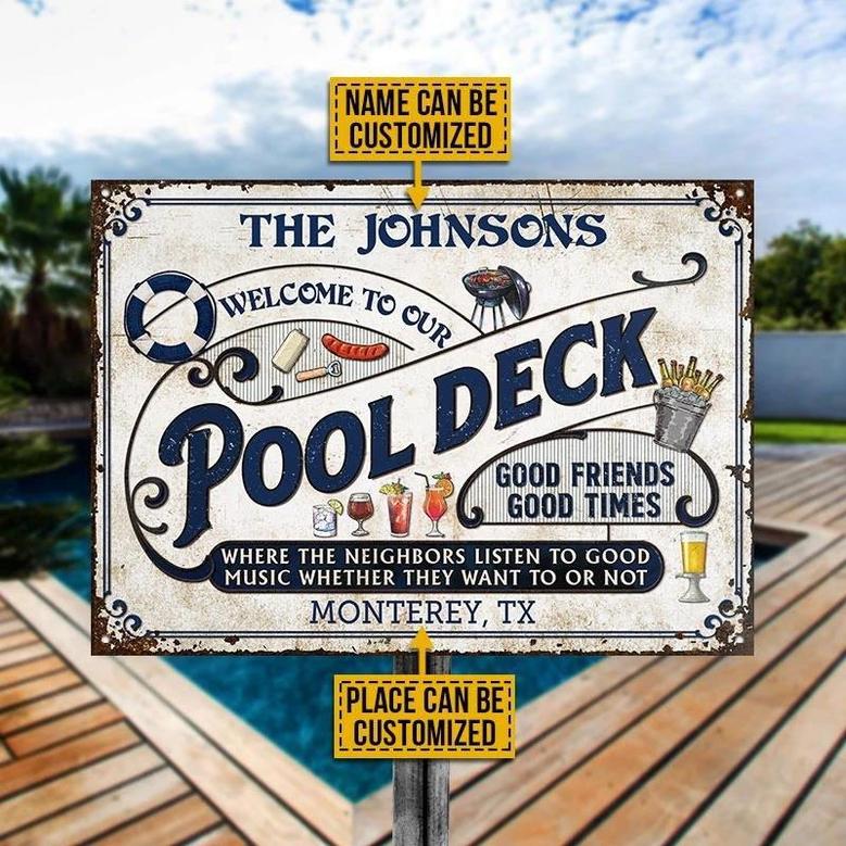 Metal Sign- White Theme Pool Deck Blue Text Rectangle Metal Sign Custom Name Place