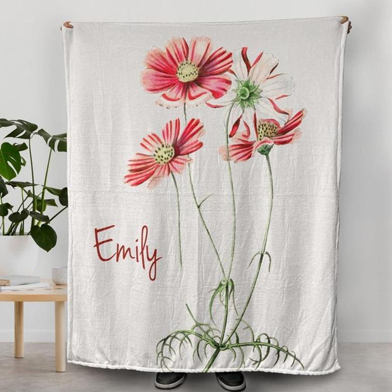 October Birth Month Flower Gifts, Cosmos Flower Blanket with Custom Name for her, Unique Gift Ideas