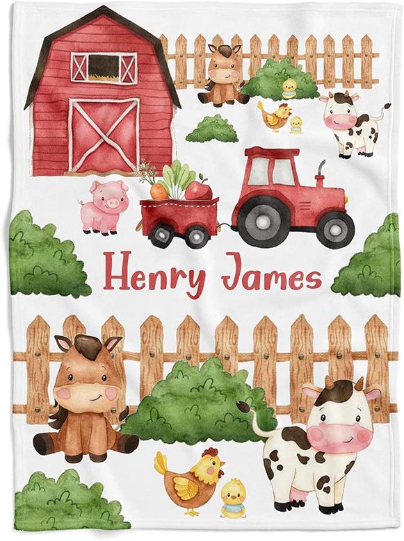 Personalized Farm Blanket,Fence Farm Animal Blanket,Farm House Blanket,Baby Farm Animals Nursery,Baby Blanket for Boys