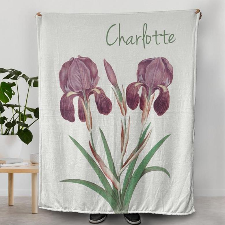 Purple Orchids Blanket, Fleece Blanket with Custom Name, Personalized Orchid Lover Gifts, Home Floral Decor, Flower Garden House Decorations