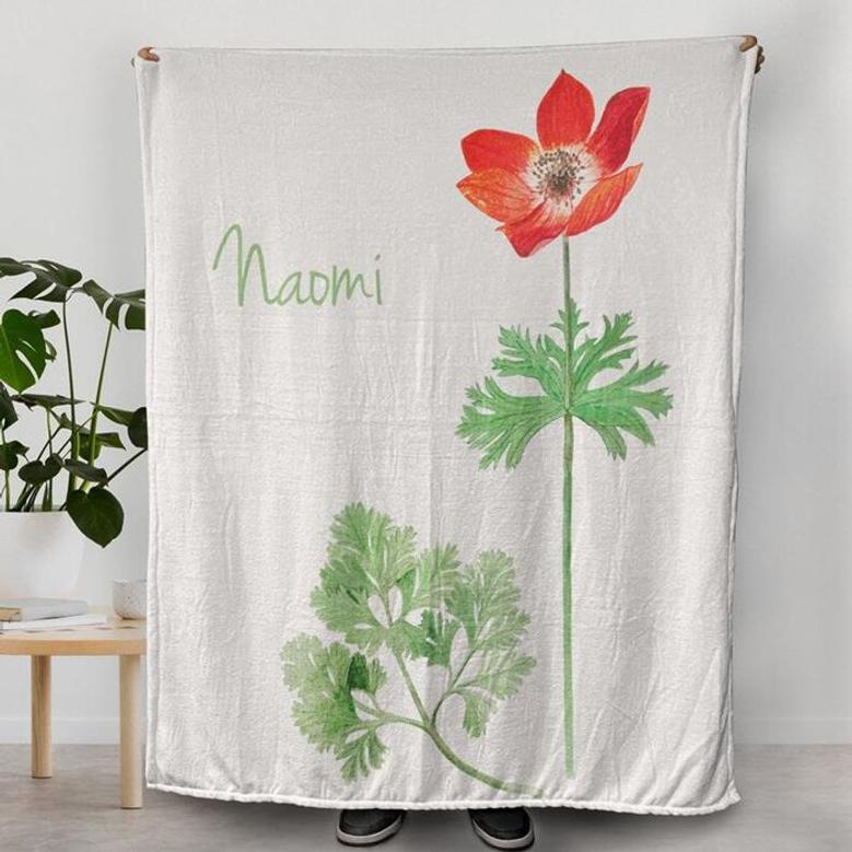 Red Anemone Blanket, Custom Name Blanket, Lucky Charm Flower, Floral Bedroom Decoration, Bedding with Flowers, Personalizable Monogram Decor
