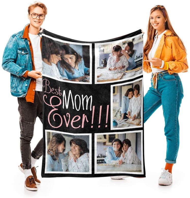 Best Mom Ever Custom Blanket with 5 Photos Personalized Picture Blanket Customized Gifts for Mom Grandma for Birthday Mother's Day Christmas