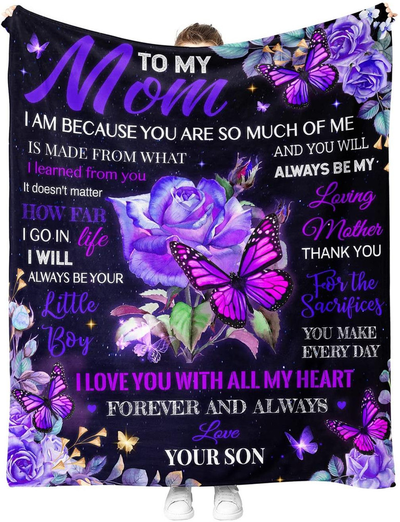 Blanket for Mom - Blanket Mother Day's to My Mom - Pink Butterfly and Violet Rose Blanket for Mom from Son