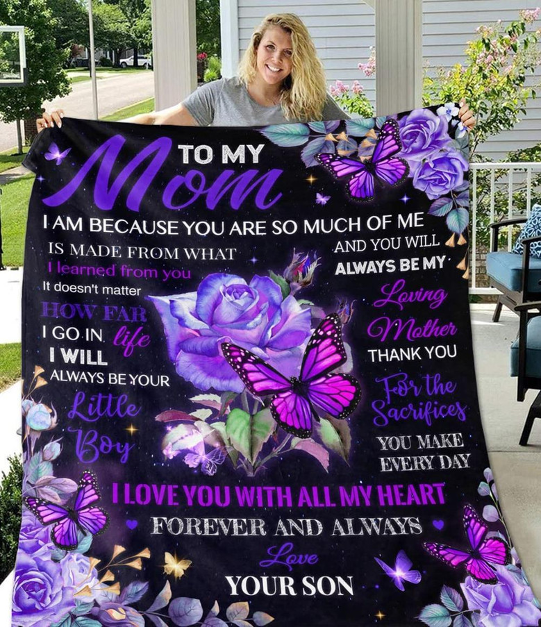 Blanket for Mom - Blanket Mother Day's to My Mom - Pink Butterfly and Violet Rose Blanket for Mom from Son