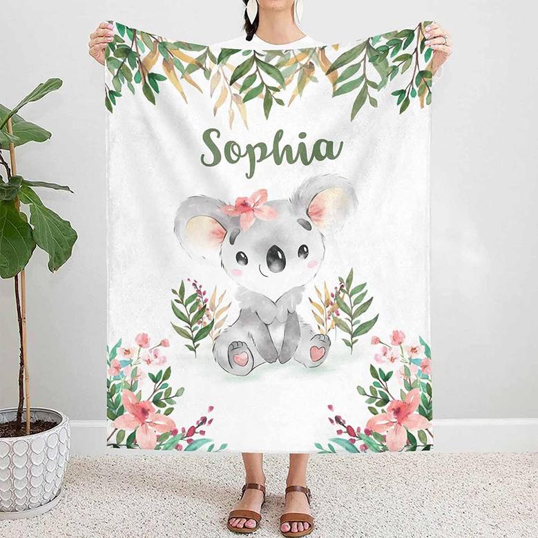 Blanket with Name for Baby Girl Koala, Newborn Baby Girls Blankets Custom, Custom Name Blanket for Baby Girl, Koala Blanket for Girls