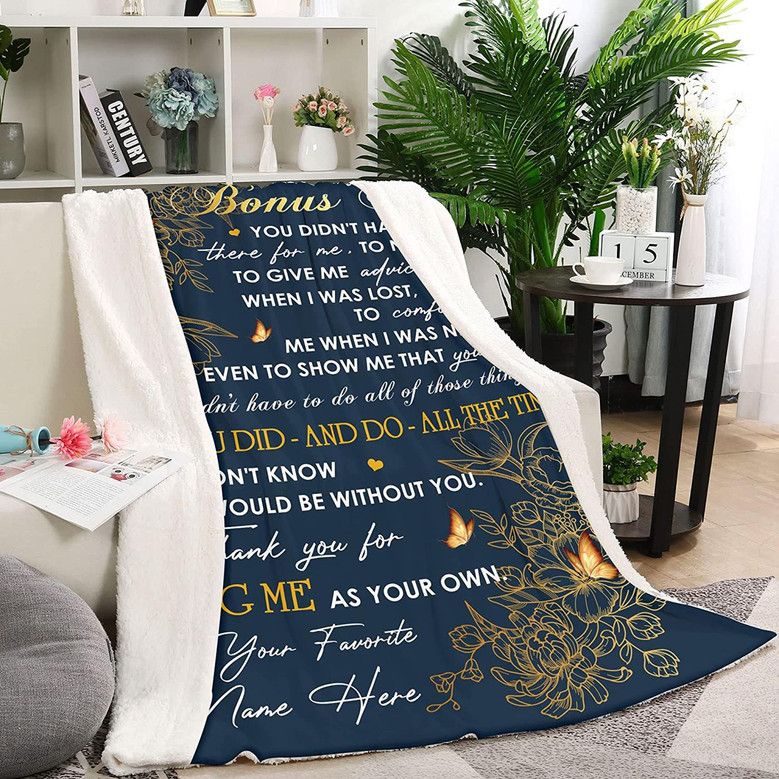 Bonus Mom Blanket Custom Name Golden Floral Fleece Blanket - Step Mom Blanket Stepmother Blanket Mother's Day Blanket