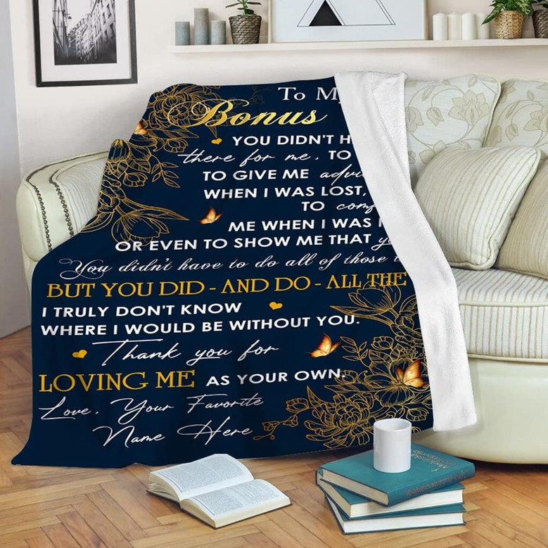 Bonus Mom Blanket Custom Name Golden Floral Fleece Blanket - Step Mom Blanket Stepmother Blanket Mother's Day Blanket