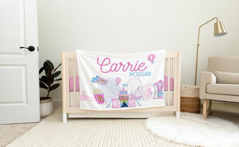 Carnival Blanket, Personalized Girl Carnival Baby Blanket, Amusement Park Baby Blanket, Carnival Theme Toddler Blanket