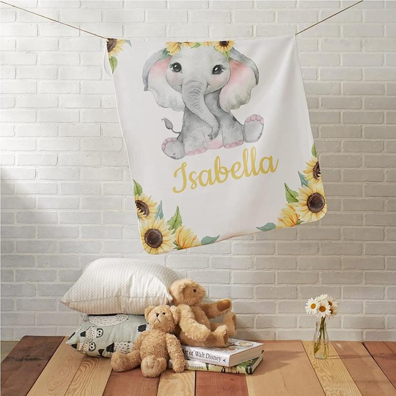 Custom Baby Blanket with Name for Boy Girl Personalized Elephant Super Soft Blankets for Newborn Baby
