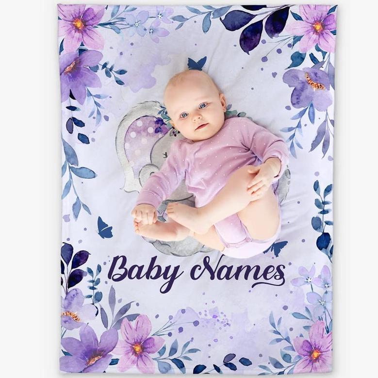Custom Baby Girl Blankets, Customize Baby Girl Blanket with Purple Floral Elephant Baby Blanket