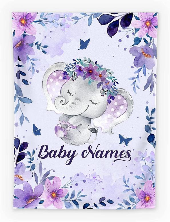 Custom Baby Girl Blankets, Customize Baby Girl Blanket with Purple Floral Elephant Baby Blanket