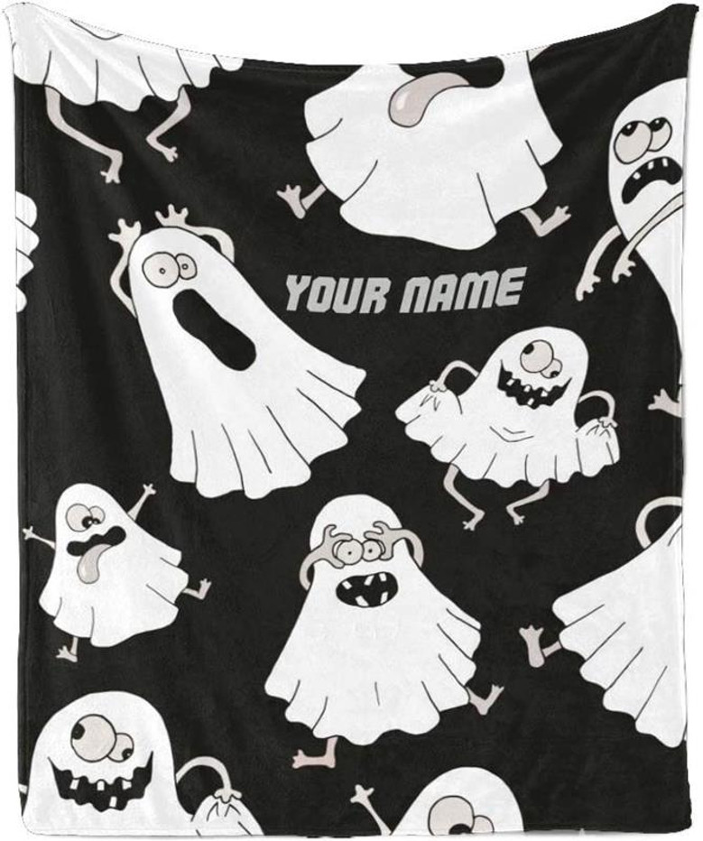 Custom Blanket with Name Text,Personalized Halloween with White Ghosts Super Soft Fleece Throw Blanket for Couch Sofa Bed