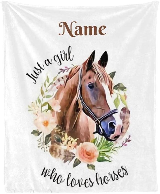 Custom Blanket Personalized Just a Girl Who Loves Horses Soft Fleece Throw Blanket with Name for Gifts Sofa Bed