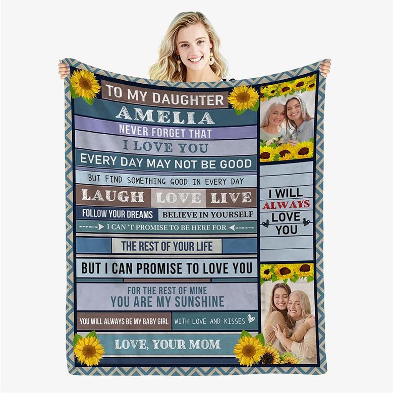 To My Daughter Sunflower Blanket with Your Photo Upload - Gift From Mom For Birthday, Christmas